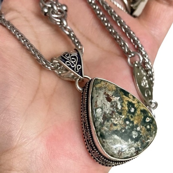 925 sterling overlay ocean moss agate jasper stone charm chain boho necklace - Picture 2 of 16